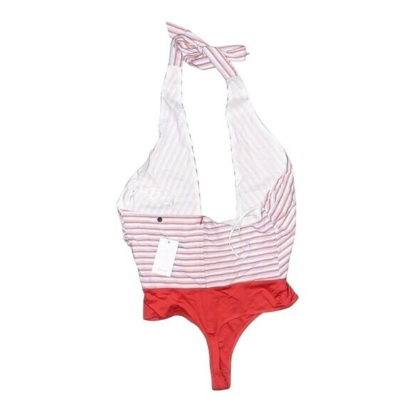 Lovers + Friends Striped Halter Plunge Bodysuit M Retro Colorblock NWT MSRP $148 - Picture 2 of 5